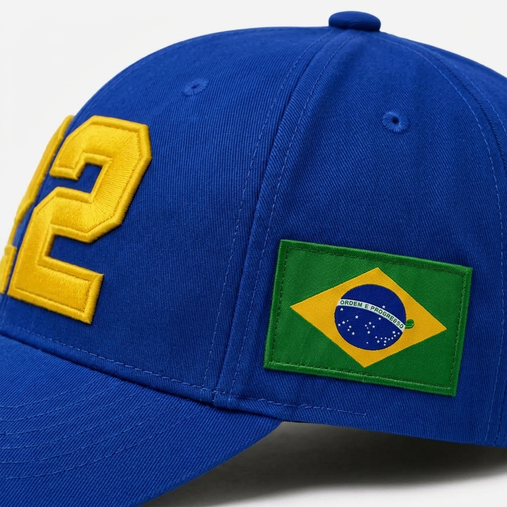 Bordado da bandeira do Brasil na lateral do boné azul